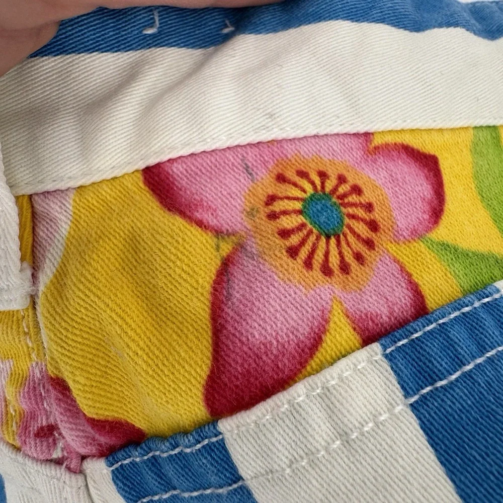 Tommy Hilfiger‎ Y2K Stripe Shorts Women's 4 Blue White Coastal Tropical Floral